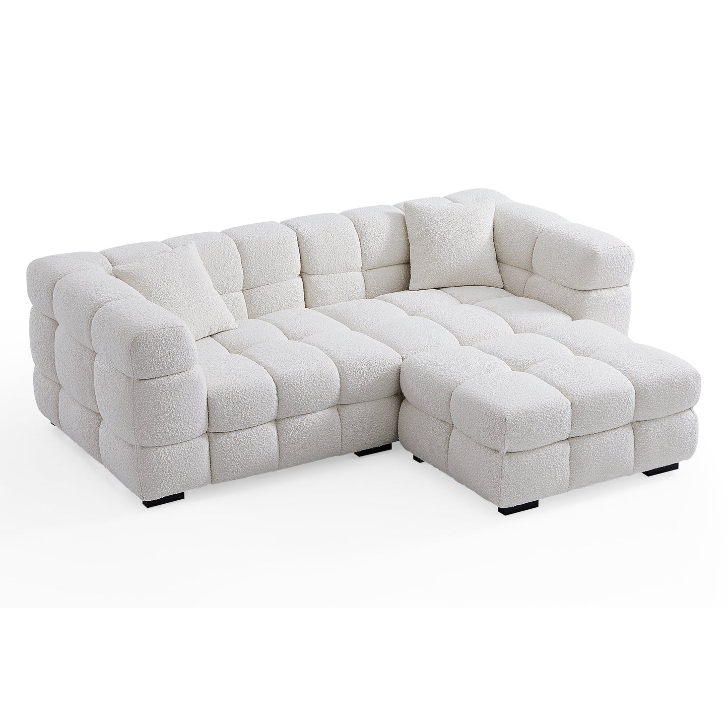 Cushy Cream Boucle Fabric Tufted Sofa With Ottoman-White