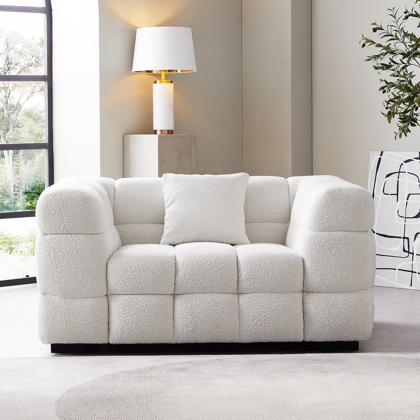 Cushy Cream Boucle Fabric Tufted Armchair-White