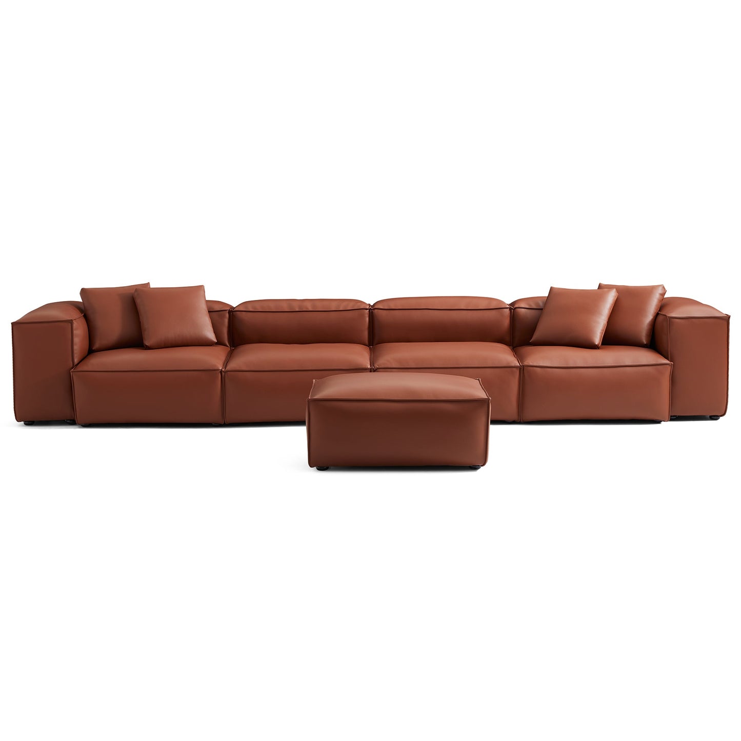 Cube Modular Brown Genuine Leather Sofa with Ottoman-Brown-180.3"-High