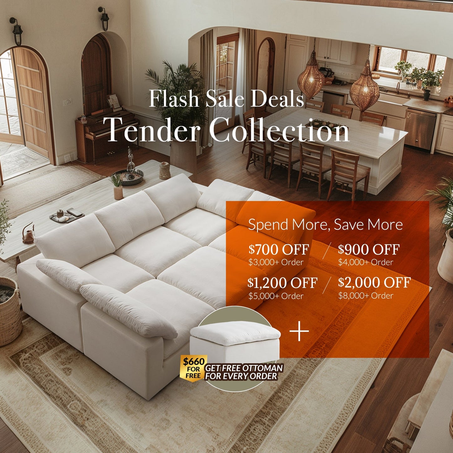 Tender Wabi Sabi White L Shaped Sectional and Ottoman-White