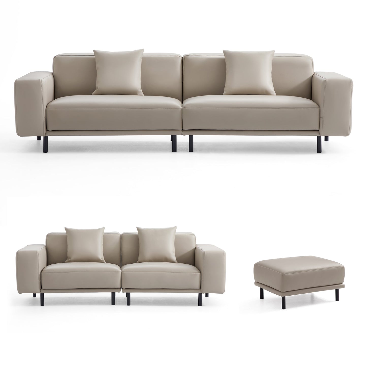 Noble Dark Gray Leather Sofa Set and Ottoman-Beige-111.0″