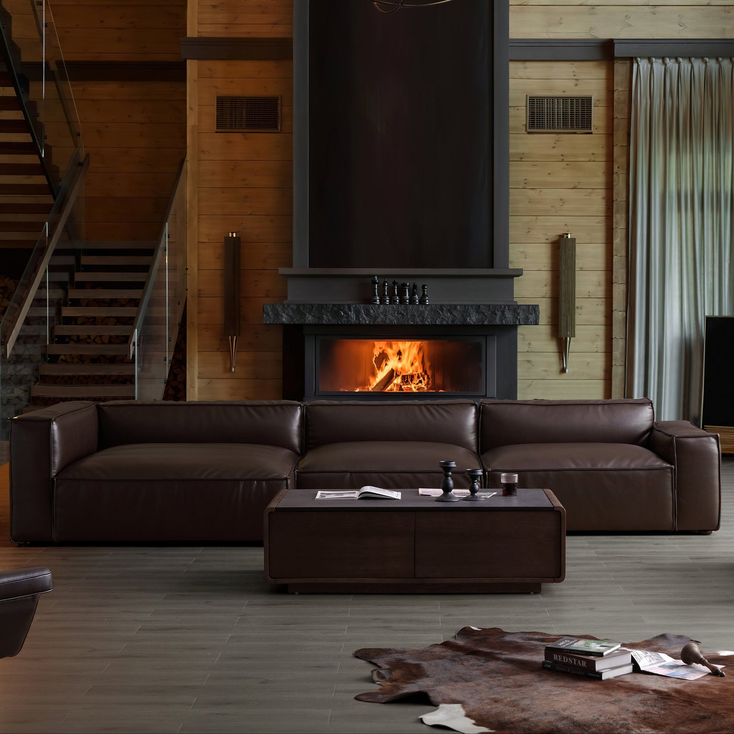 Luxury Minimalist Dark Brown Leather Sectional-Dark Brown