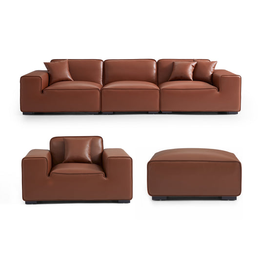 Domus Modular Black Leather Sofa Set-Brown-129.9"