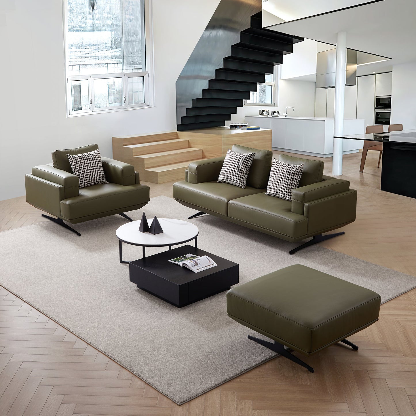 Olivia Top Grain Genuine Leather Sofa Set-Olive