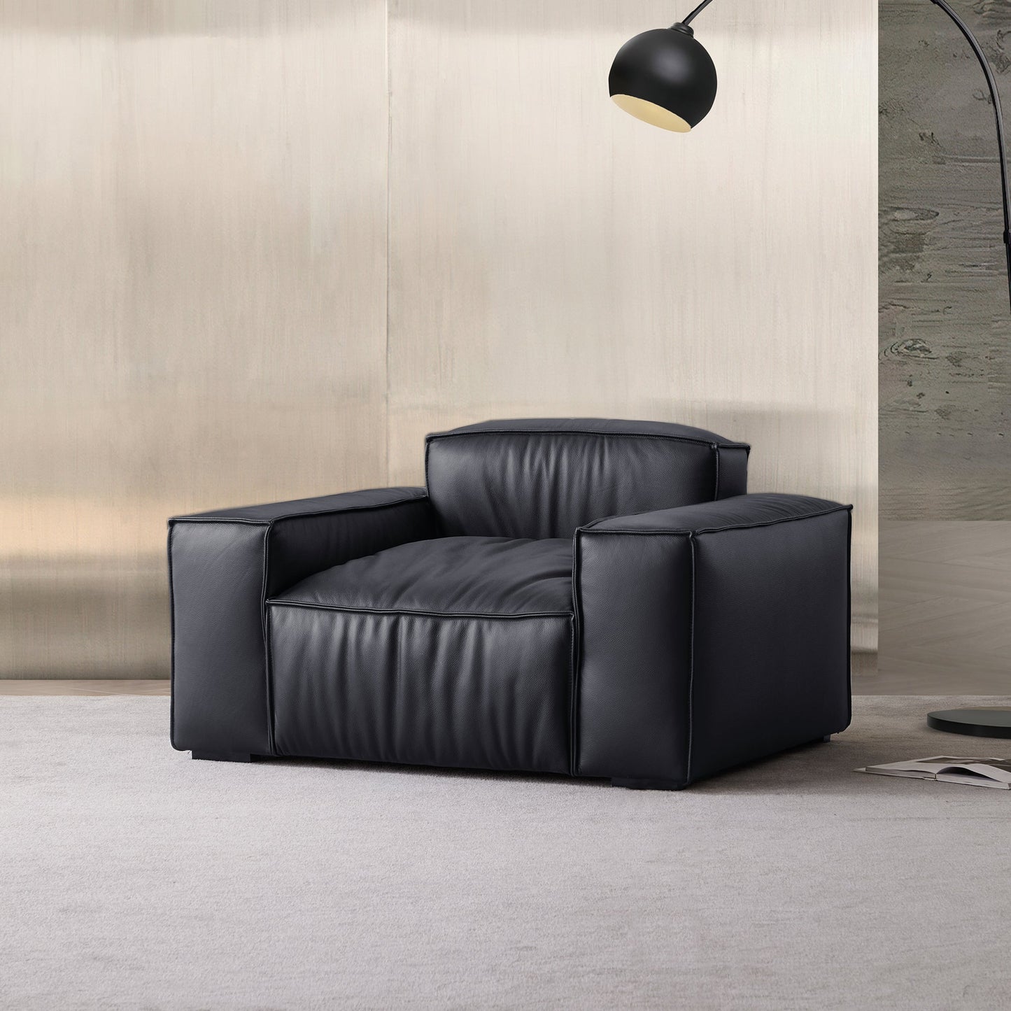Luxury Minimalist Black Leather Armchair-Black