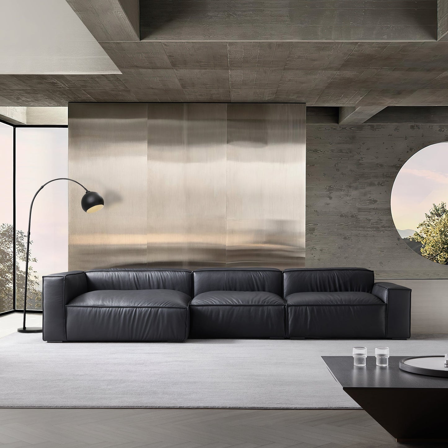 Luxury Minimalist Black Leather Sectional-Black