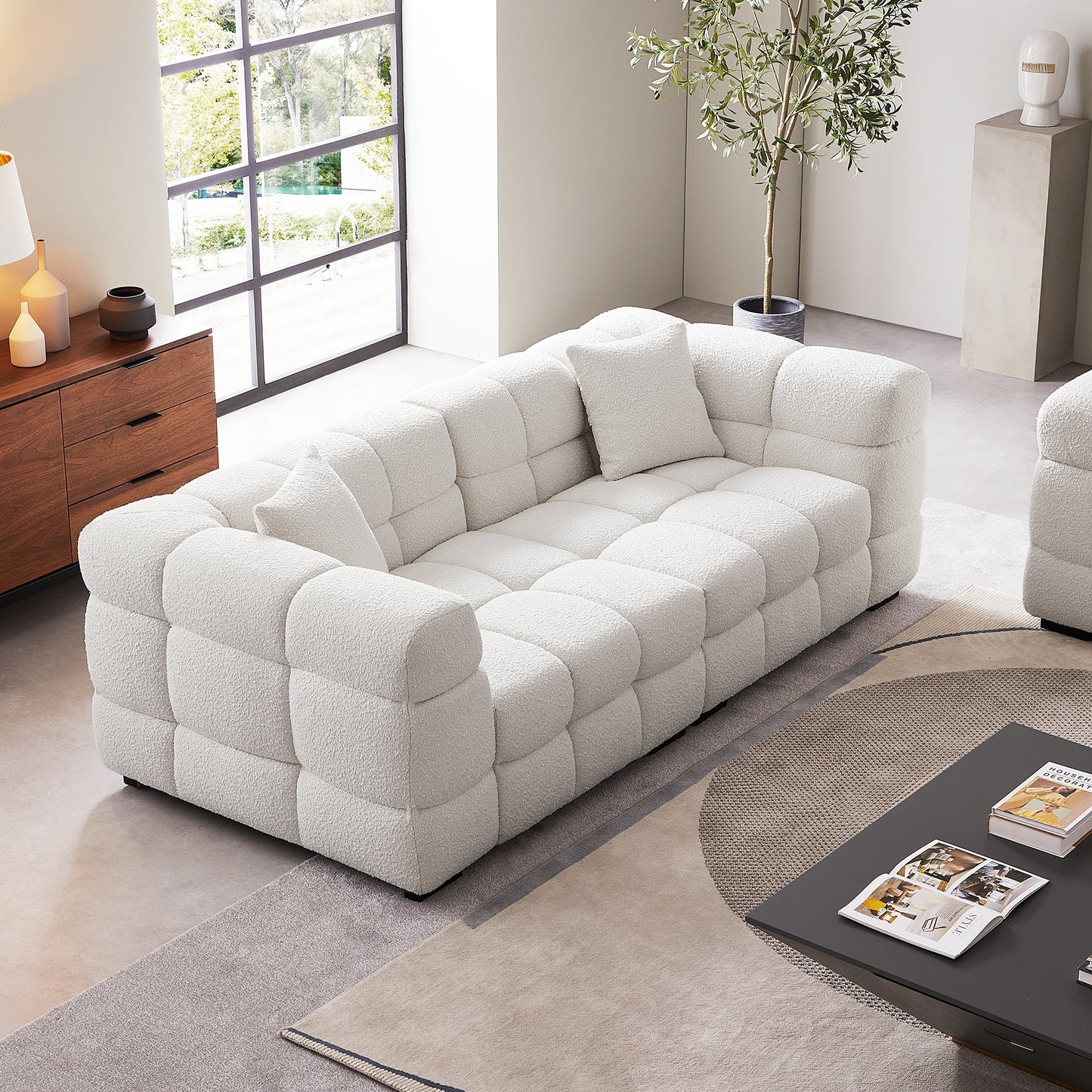 Cushy Cream Boucle Fabric Tufted Sofa-White