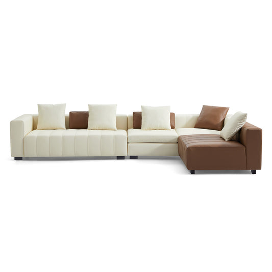 Piano L Shaped Leather Sectional Sofa-Beige & Brown