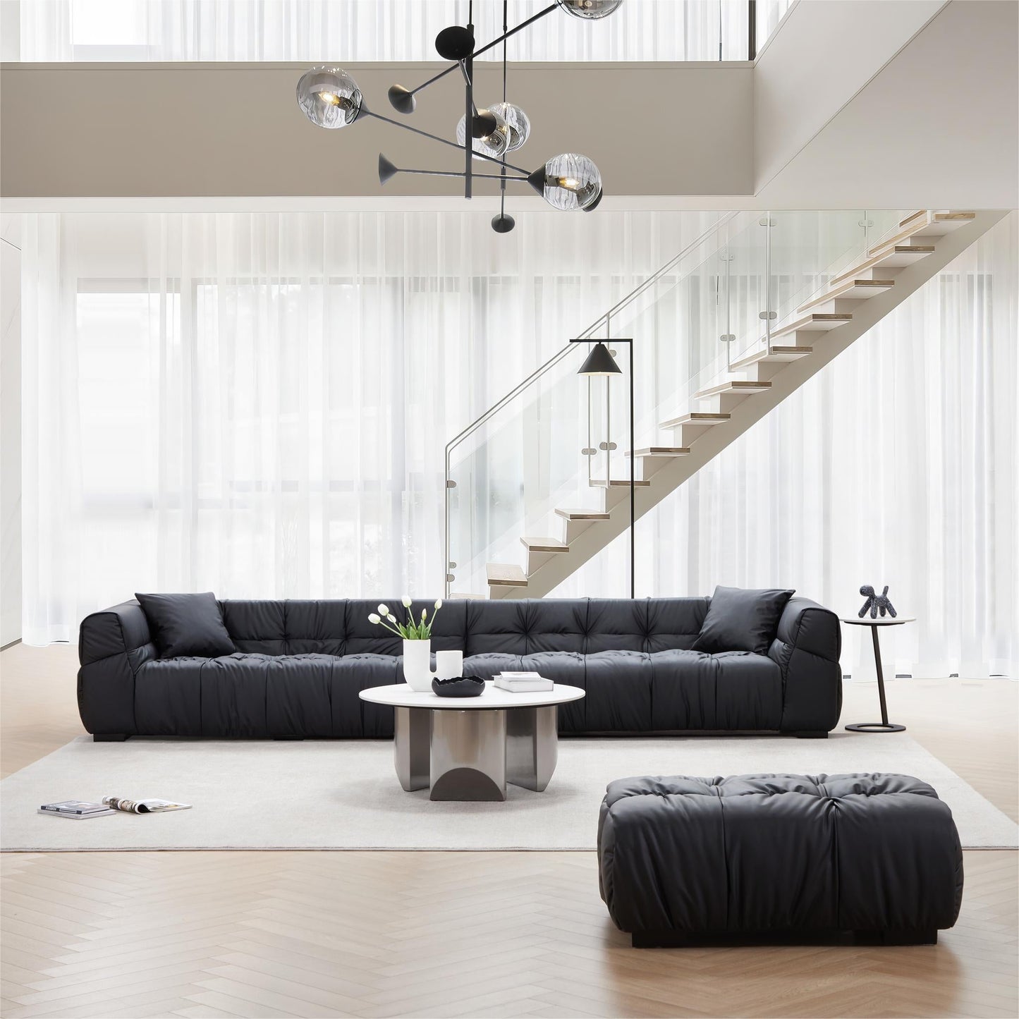 Boba Black Leathaire Sofa and Ottoman-Black