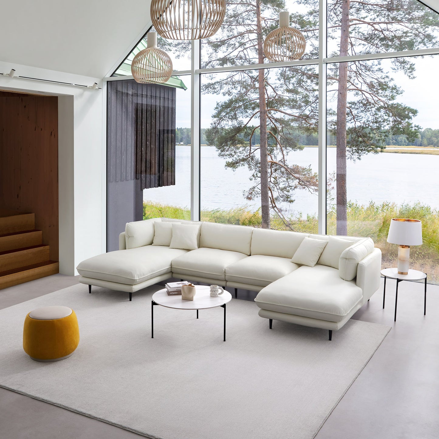Vanilla White Leather U Shaped Sectional-White