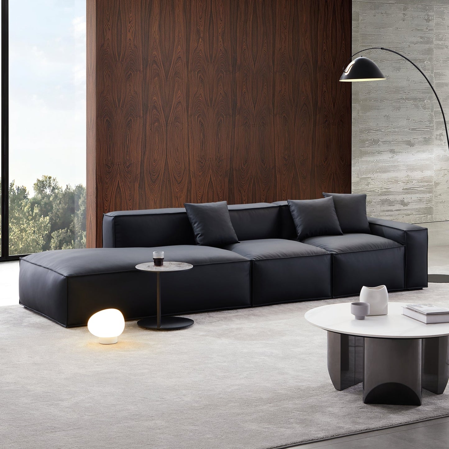 Geometry Minimalist Black Leather Sofa-Black