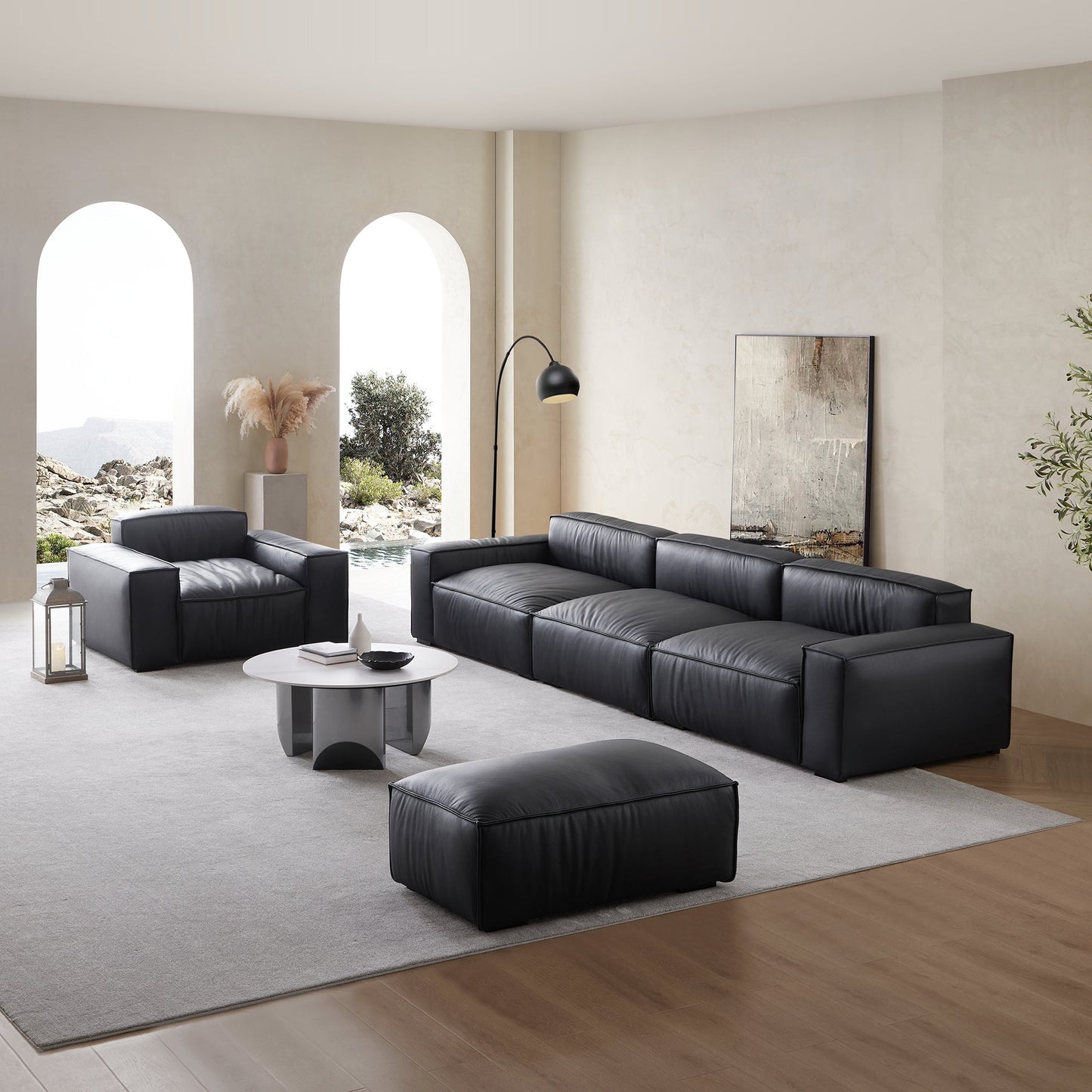 Luxury Minimalist Leather Black Sofa Set-Black