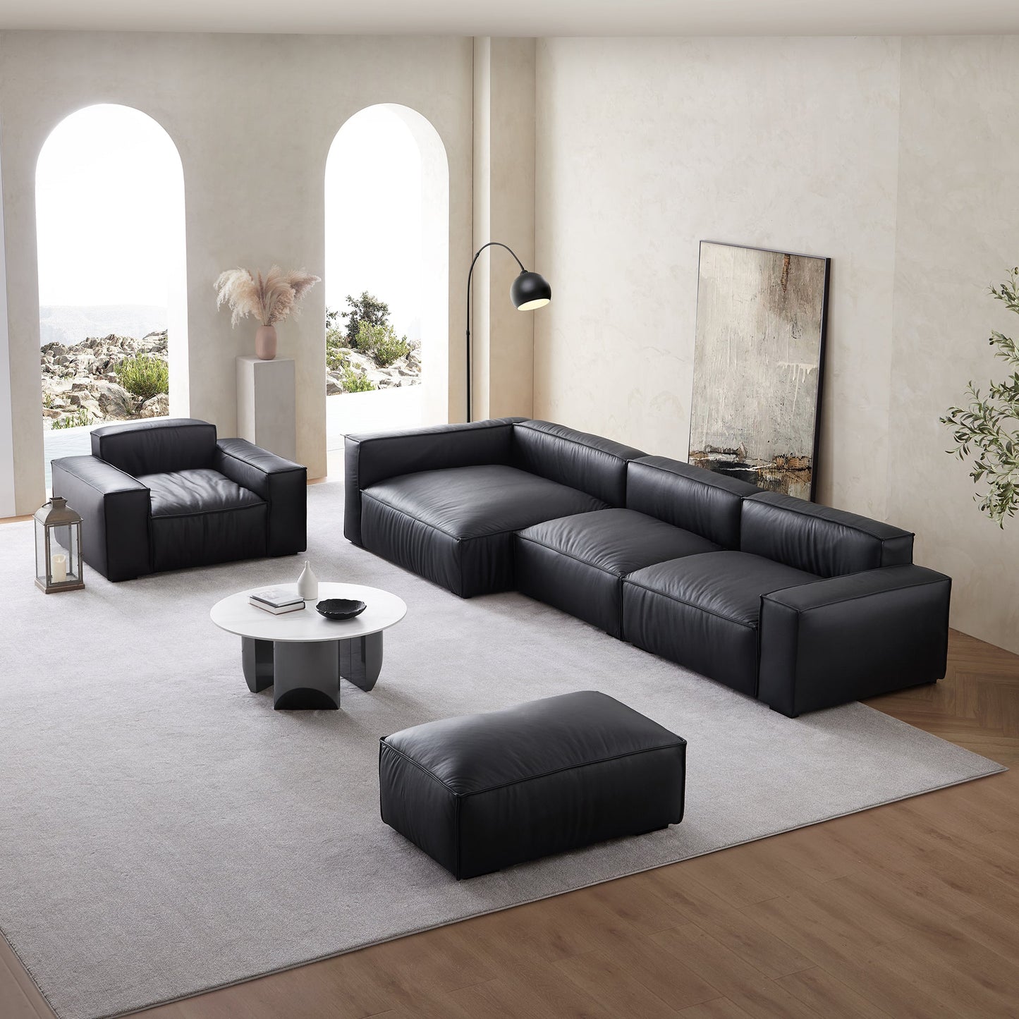 Luxury Minimalist Black Leather Sectional Set-Black