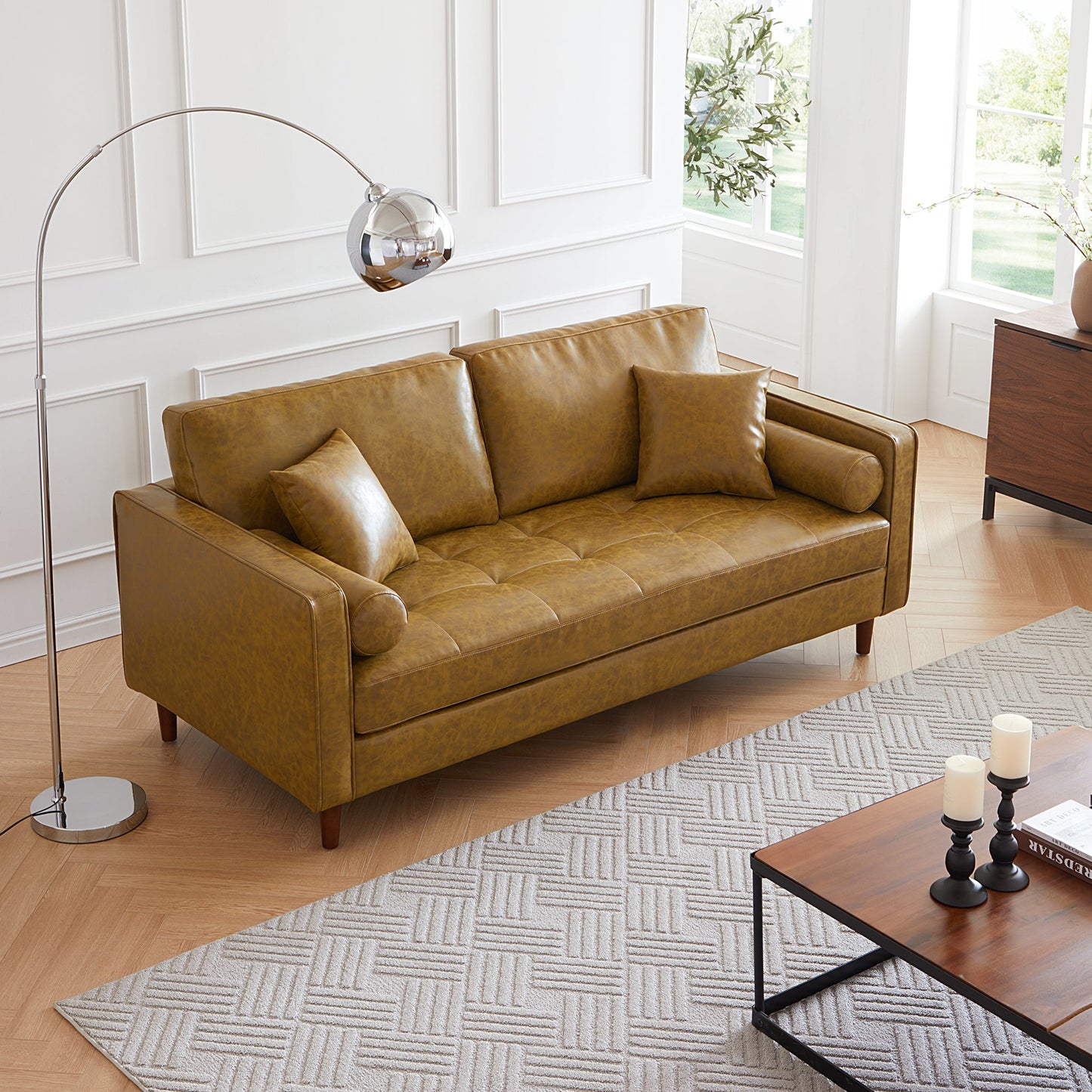 Mid-Century Modern Retro Tan Leather Loveseat-Tan-86.6″