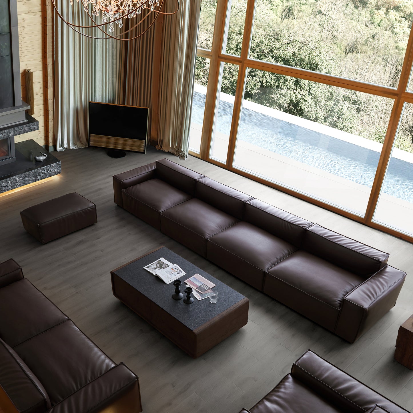 Luxury Minimalist Dark Brown Leather Sofa and Ottoman-Dark Brown