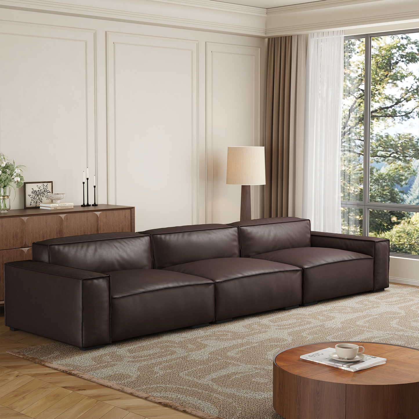 Luxury Minimalist Dark Brown Leather Sofa-Dark Brown