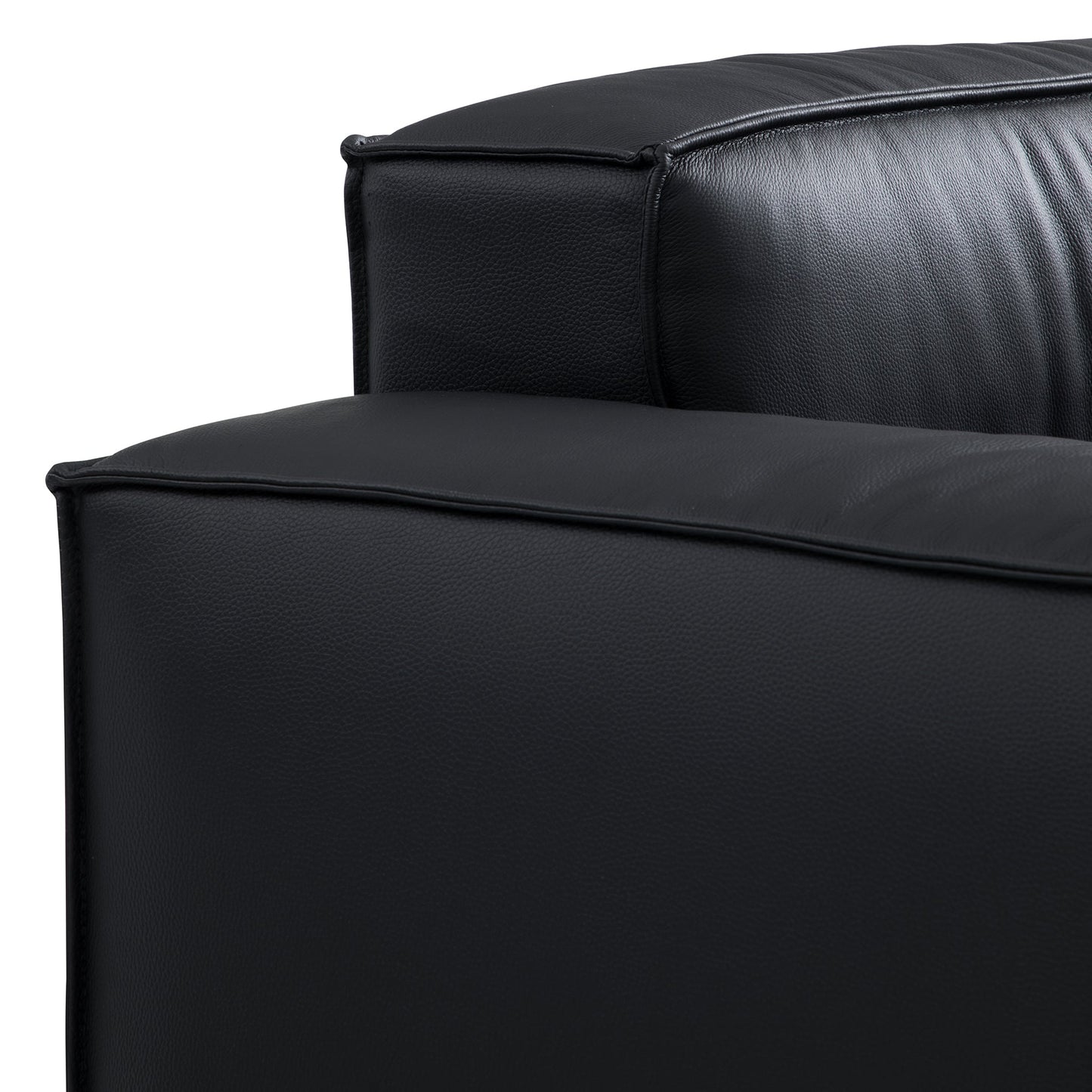 Luxury Minimalist Black Leather Sectional and Ottoman-Black