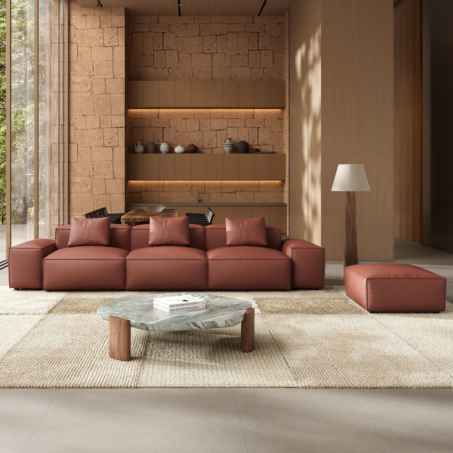 Cube Modular Brown Genuine Leather Sofa with Ottoman-Brown