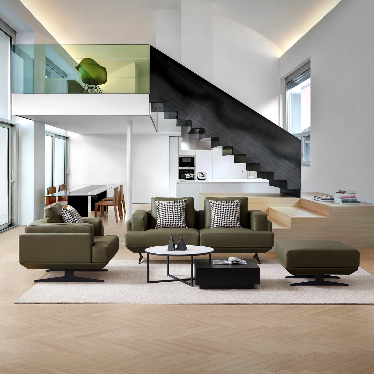 Olivia Top Grain Genuine Leather Sofa Set-Olive