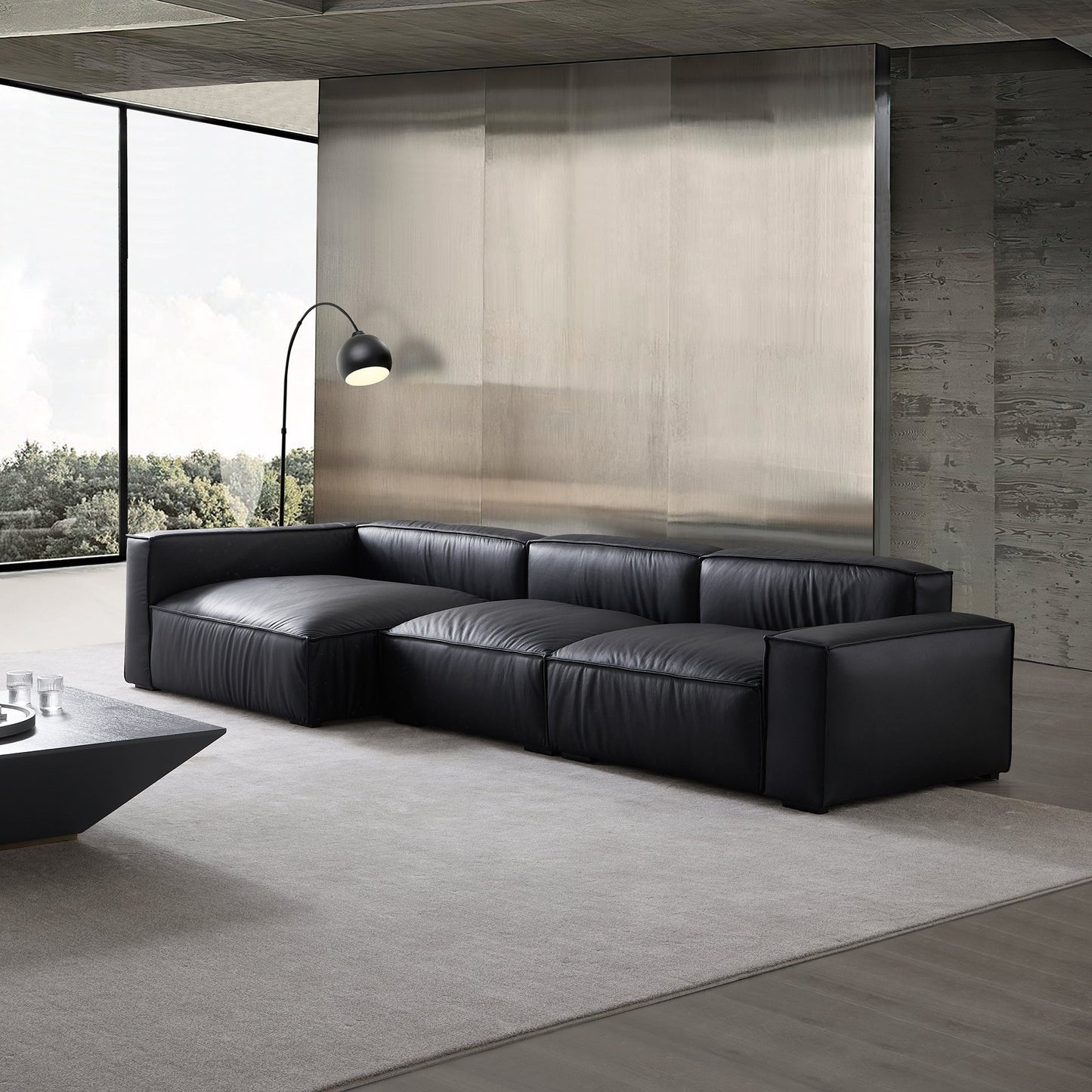 Luxury Minimalist Black Leather Sectional-Black