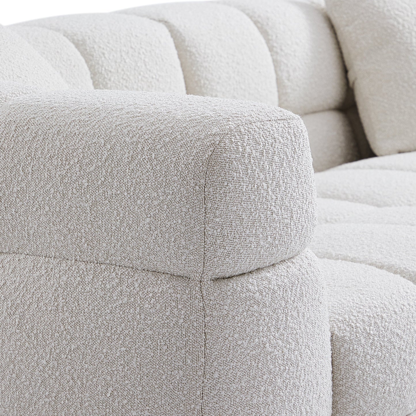 Cushy Cream Boucle Fabric Tufted Sofa With Ottoman-White