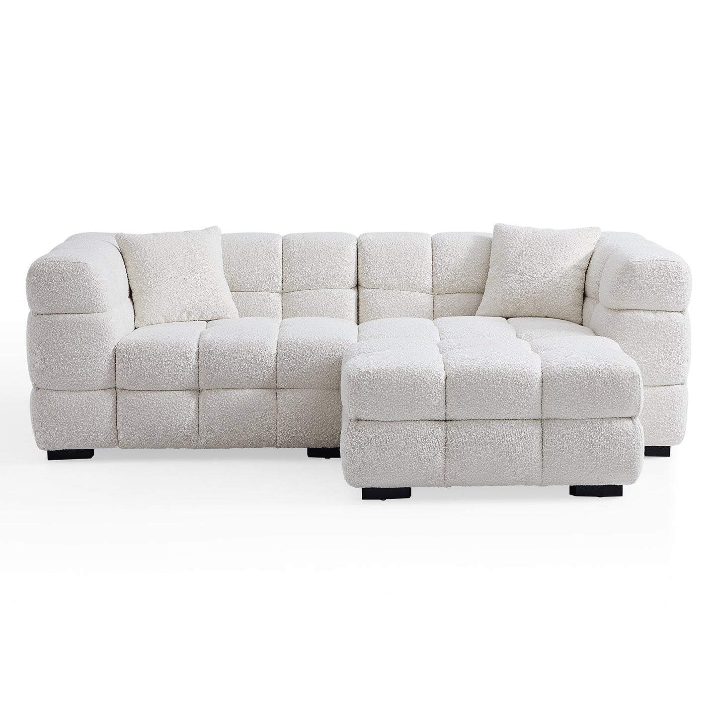 Cushy Cream Boucle Fabric Tufted Sofa With Ottoman-White