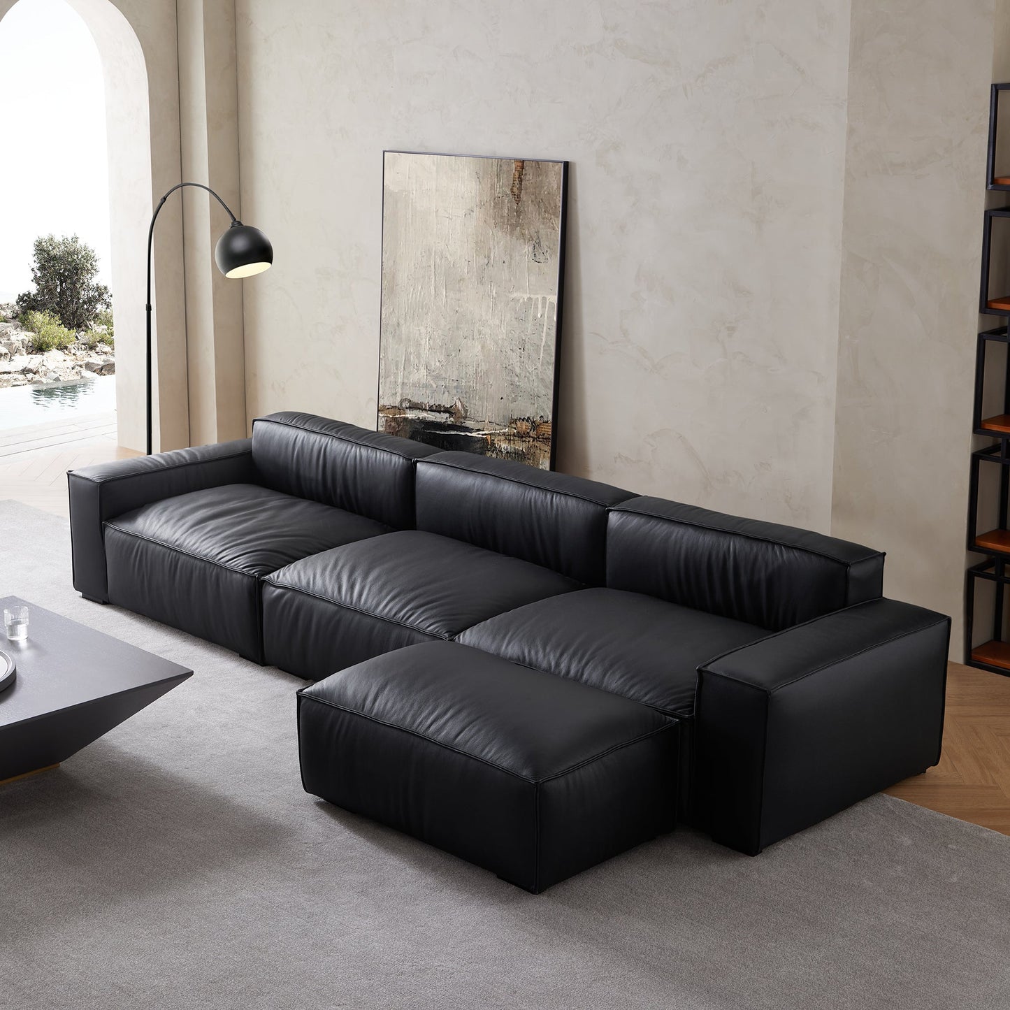 Luxury Minimalist Dark Brown Leather Sofa and Ottoman-Black