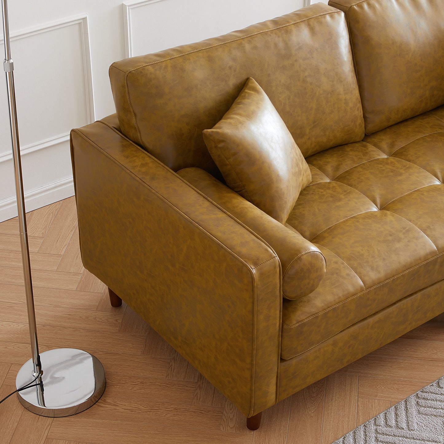 Mid-Century Modern Retro Tan Leather Loveseat-Tan-86.6″