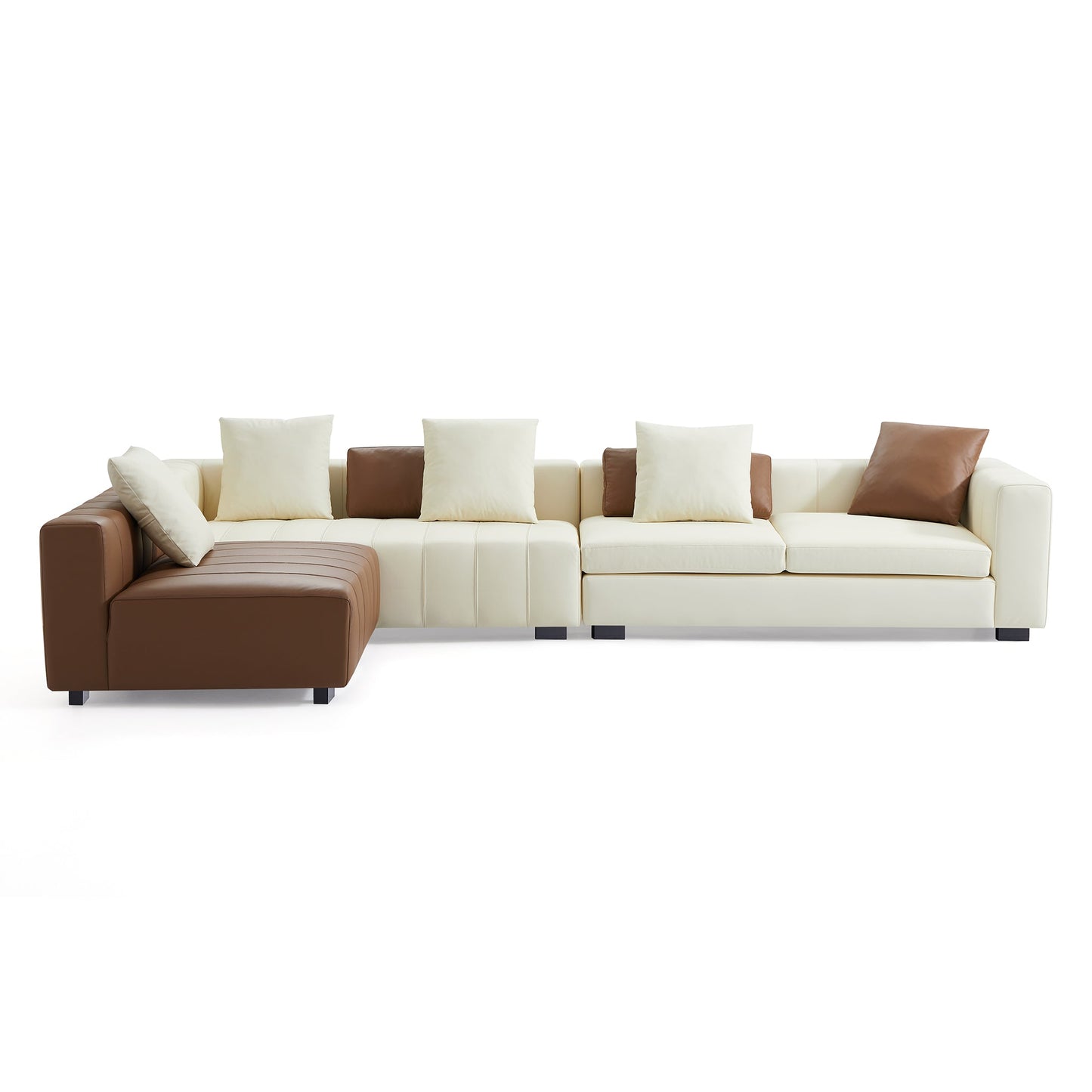 Piano L Shaped Leather Sectional Sofa-Beige & Brown