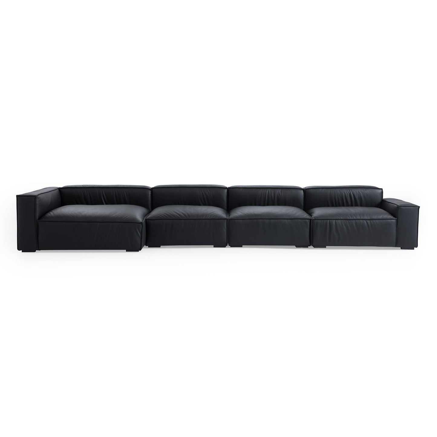 Luxury Minimalist Black Leather Sectional-Black-185.0"-Facing Left