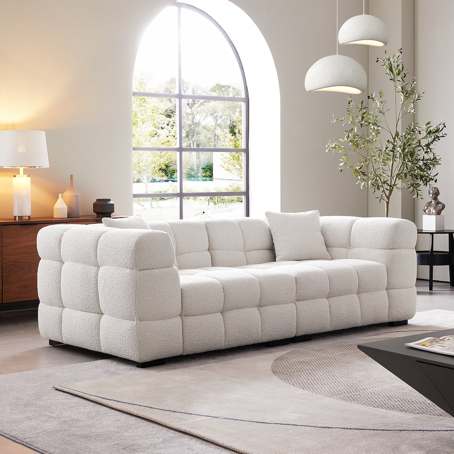 Cushy Cream Boucle Fabric Tufted Sofa-White