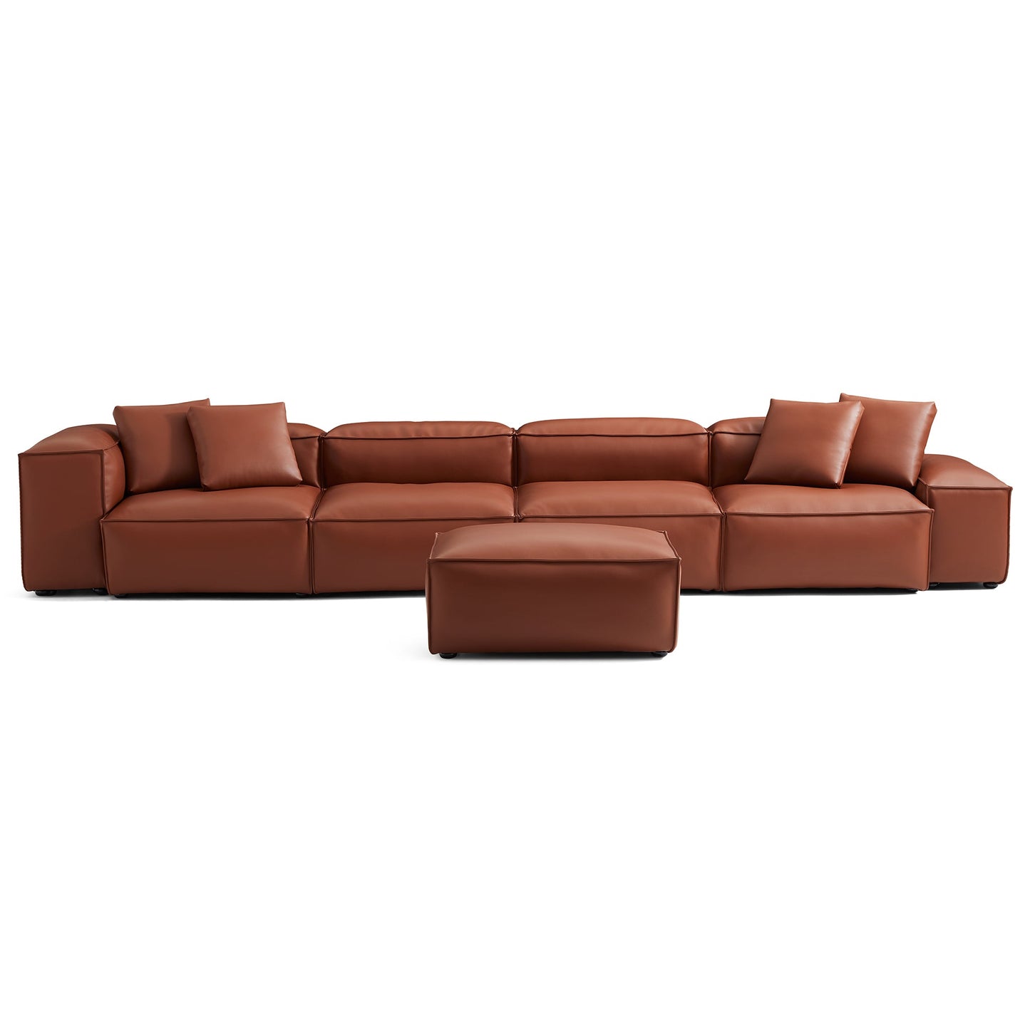 Cube Modular Brown Genuine Leather Sofa with Ottoman-Brown-180.3"-Low & High