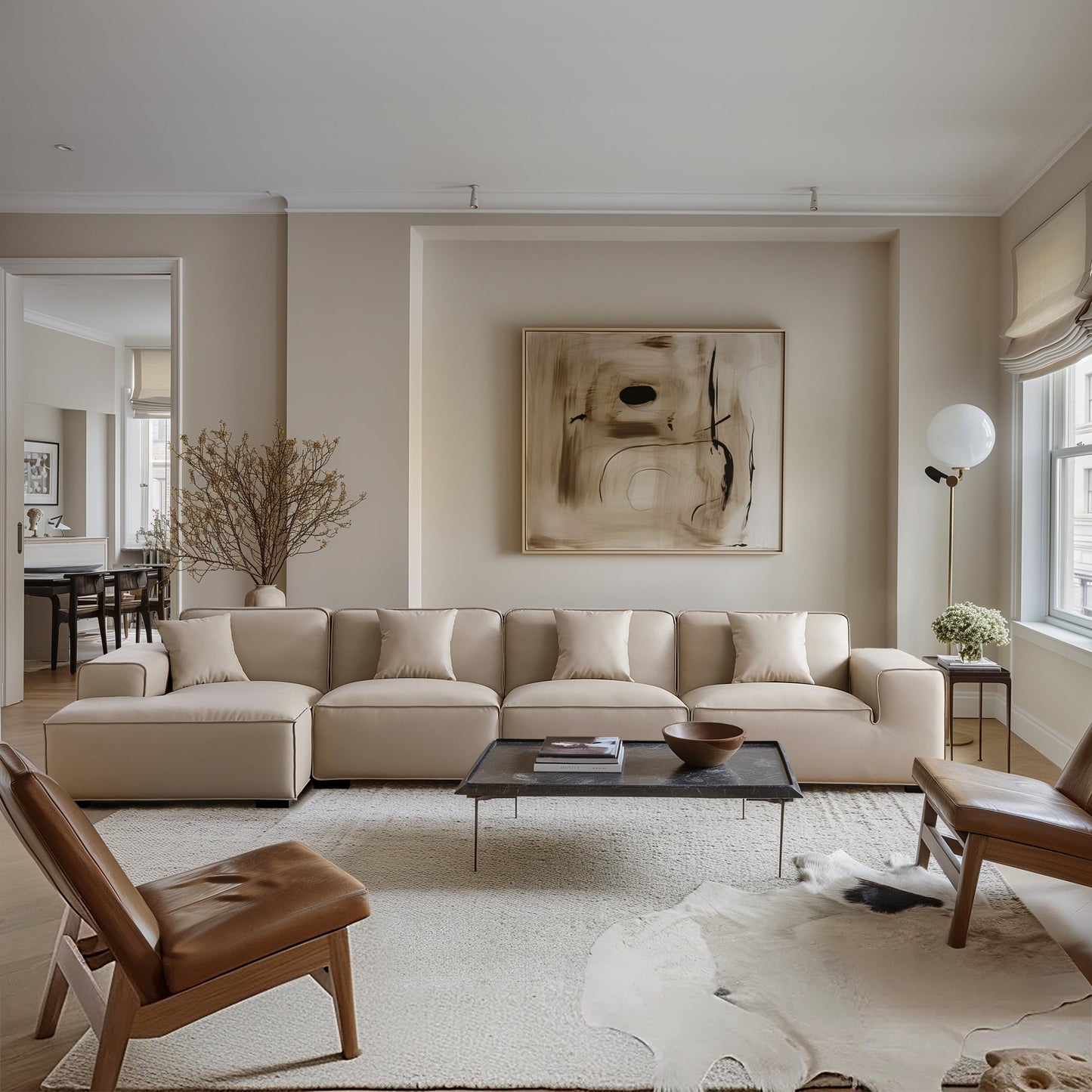Domus Modular Beige Leather Sectional Sofa-Beige