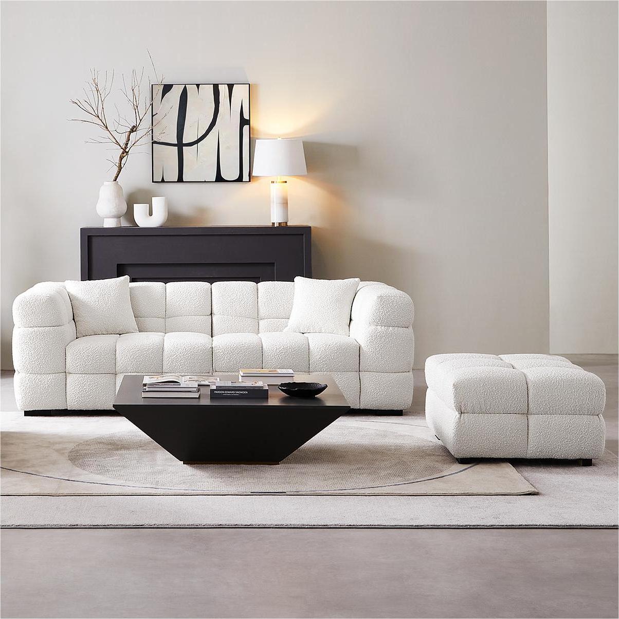 Cushy Cream Boucle Fabric Tufted Sofa With Ottoman-White