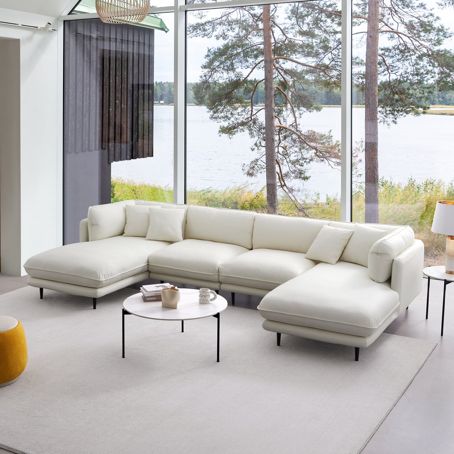 Vanilla White Leather U Shaped Sectional-White
