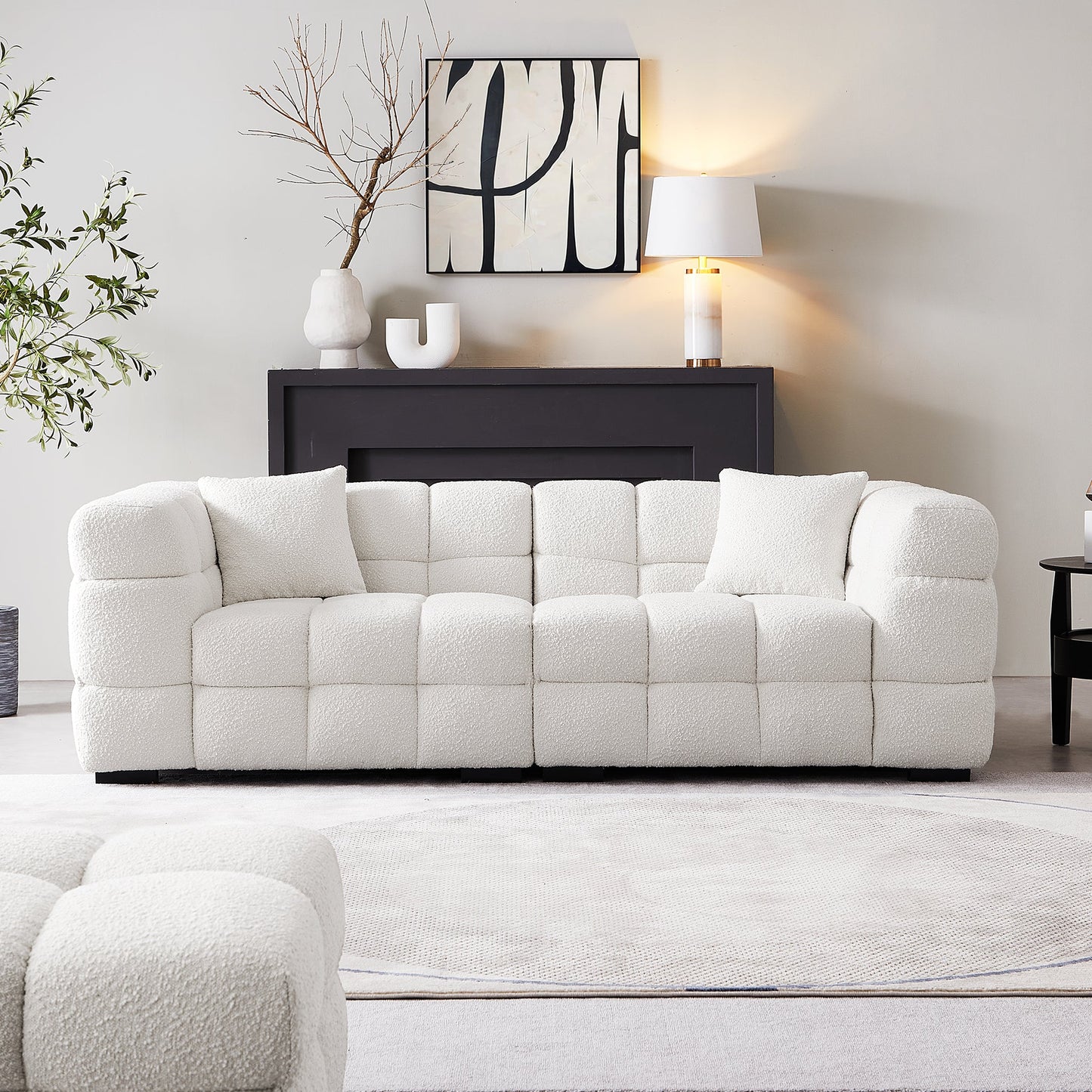 Cushy Cream Boucle Fabric Tufted Sofa-White