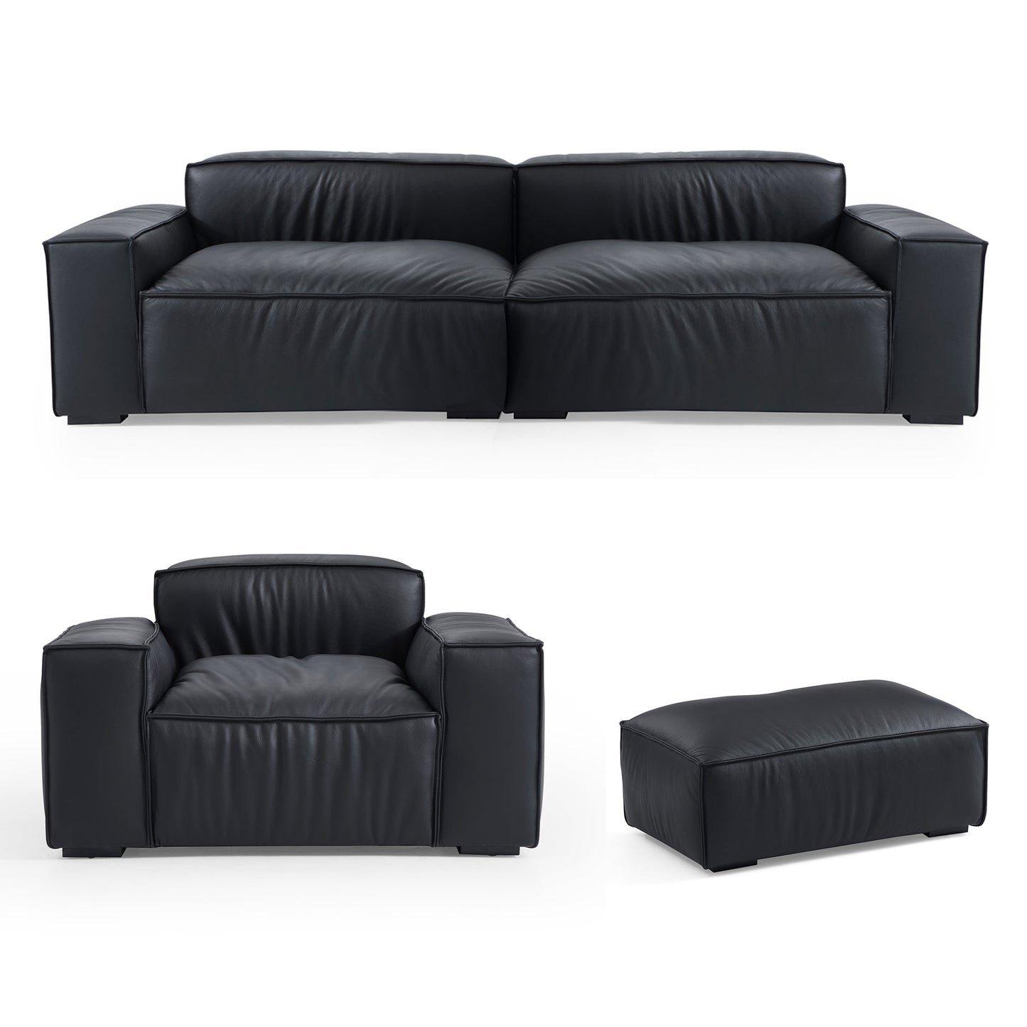 Luxury Minimalist Leather Black Sofa Set-Black