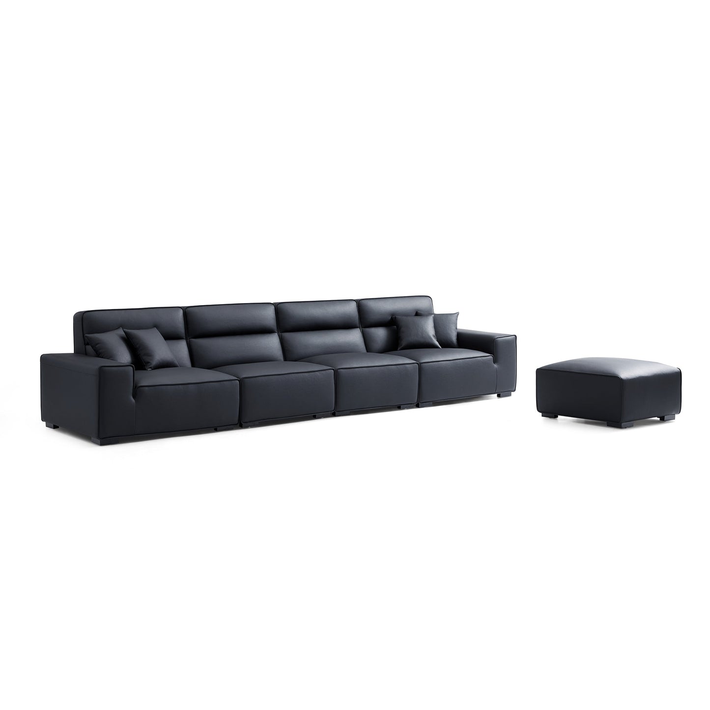Domus High Back Modular Leather Sofa and Ottoman-Black-165.4"