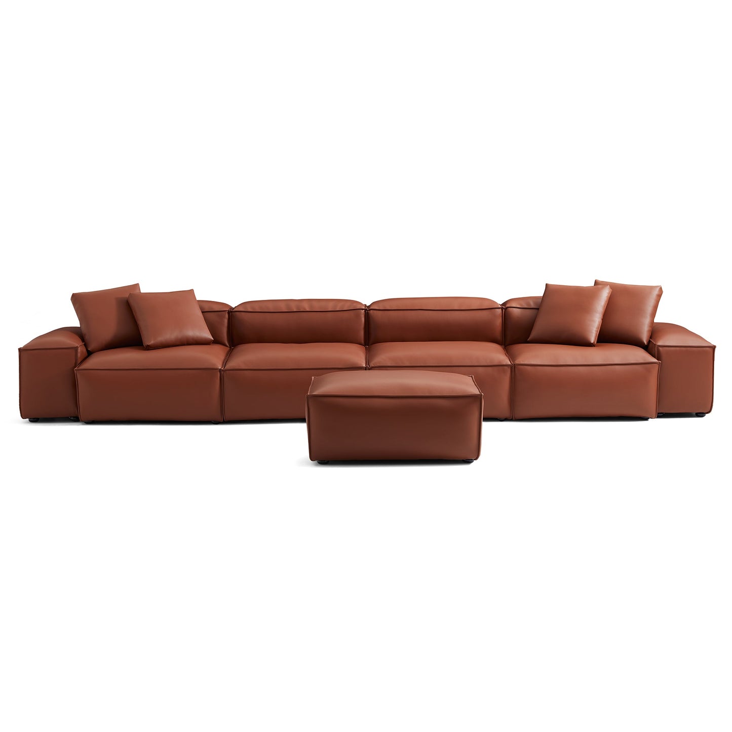 Cube Modular Brown Genuine Leather Sofa with Ottoman-Brown-180.3"-Low