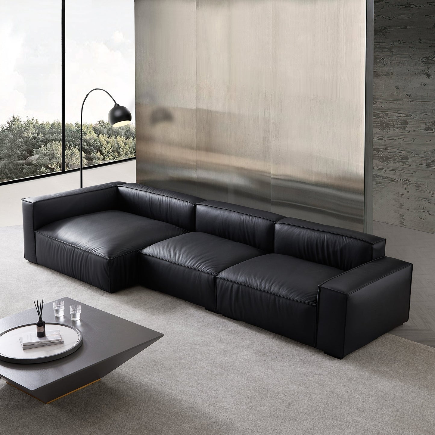 Luxury Minimalist Black Leather Sectional-Black