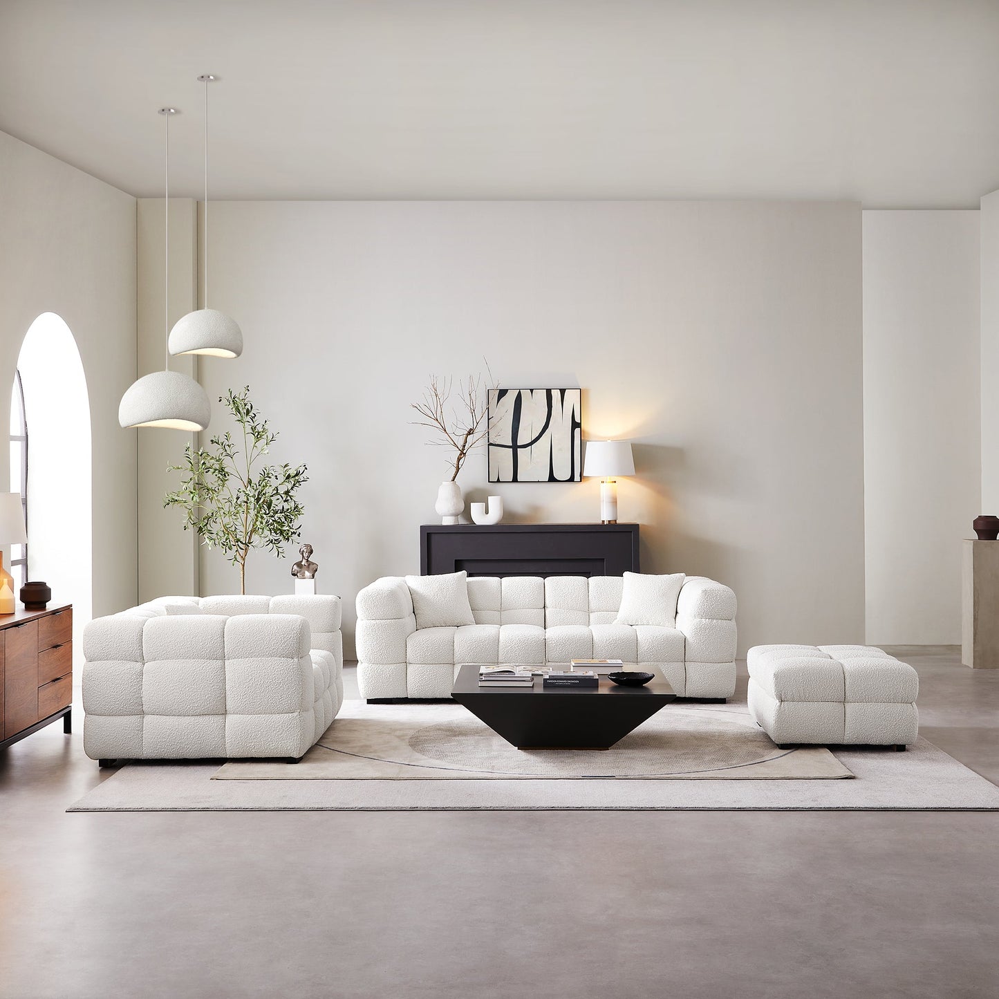 Cushy Cream Boucle Fabric Tufted Sofa Set-White