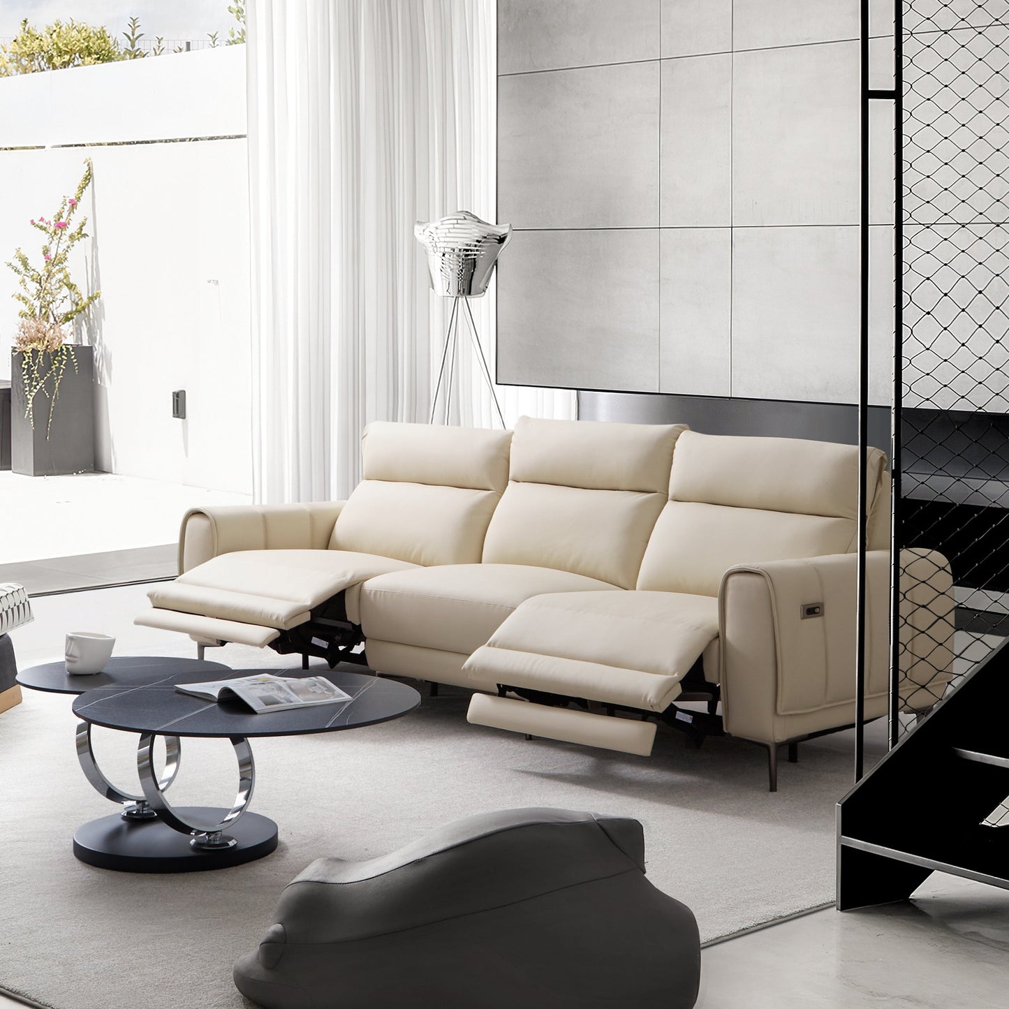 Louis Leather Power Recliner Sofa-Beige