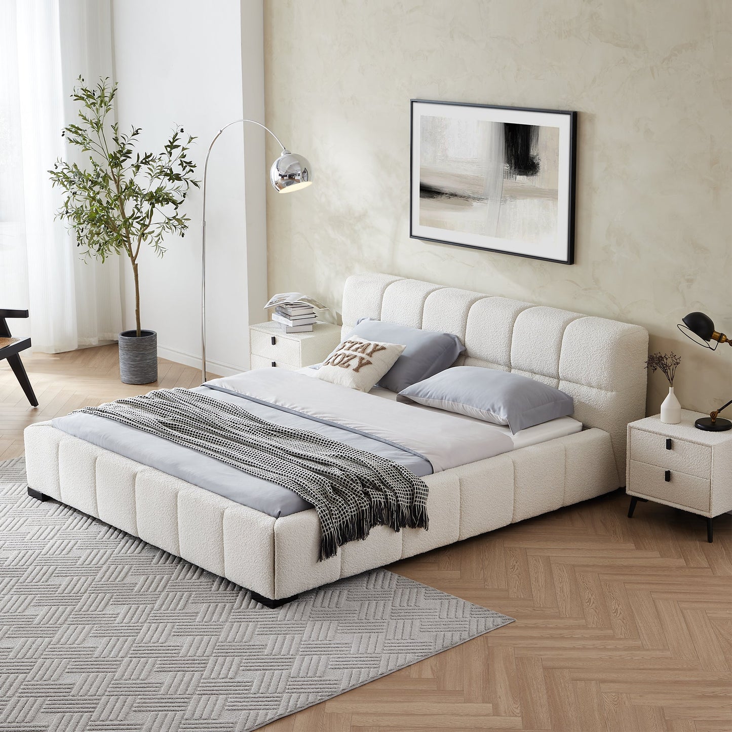 Cushy Boucle Fabric Bed-White