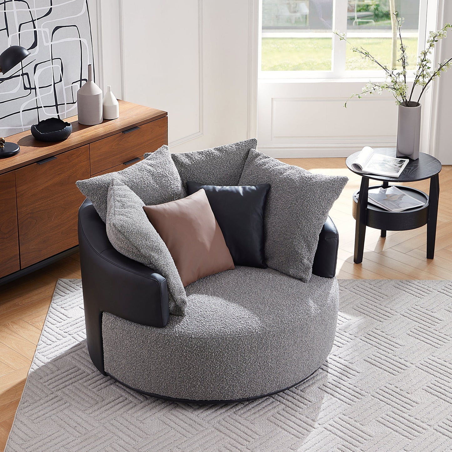 Luna Swivel Light Gray Boucle Fabric Lounge Chair-Gray