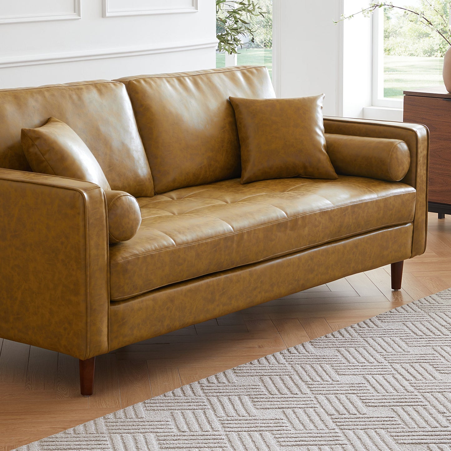 Mid-Century Modern Retro Tan Leather Loveseat-Tan-86.6″