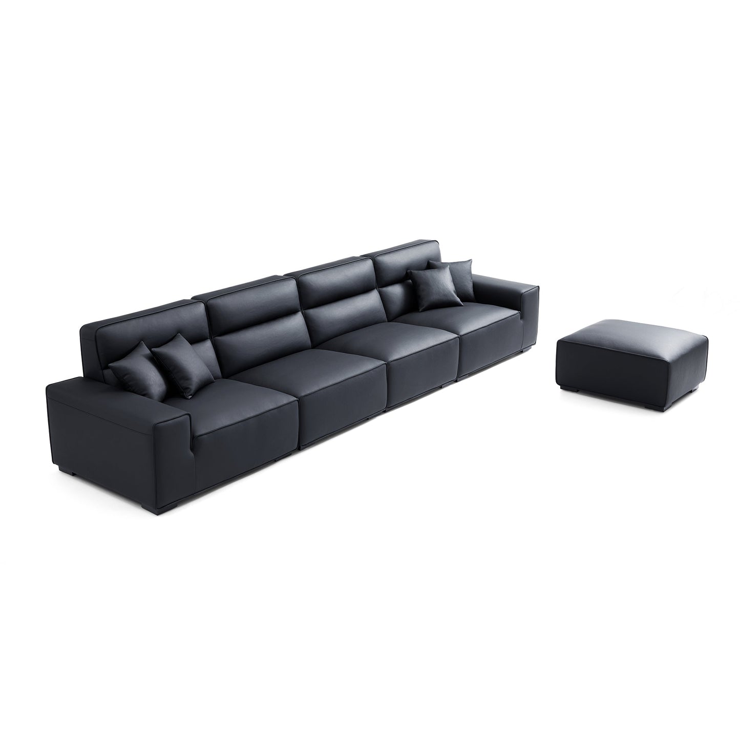 Domus High Back Modular Leather Sofa and Ottoman-Black-165.4"