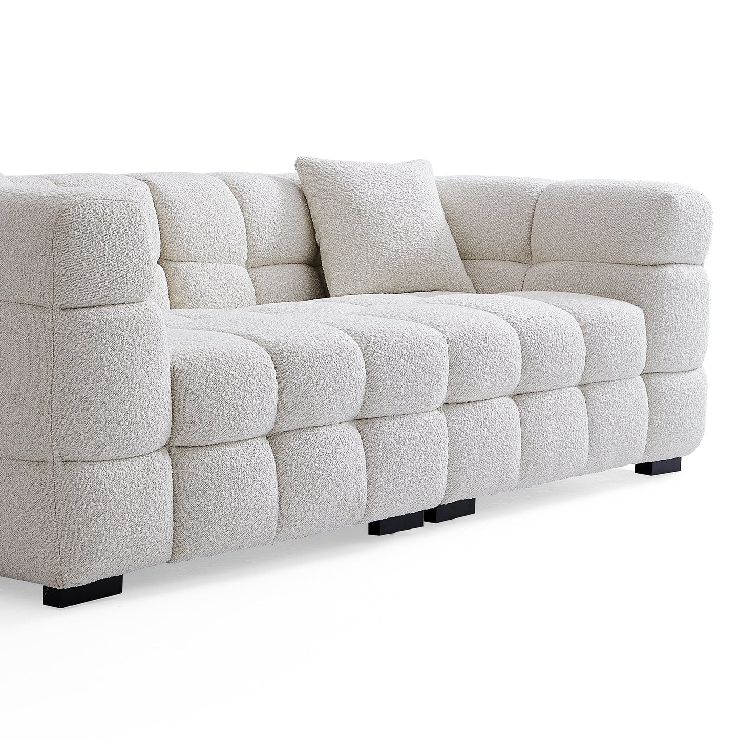 Cushy Cream Boucle Fabric Tufted Sofa With Ottoman-White