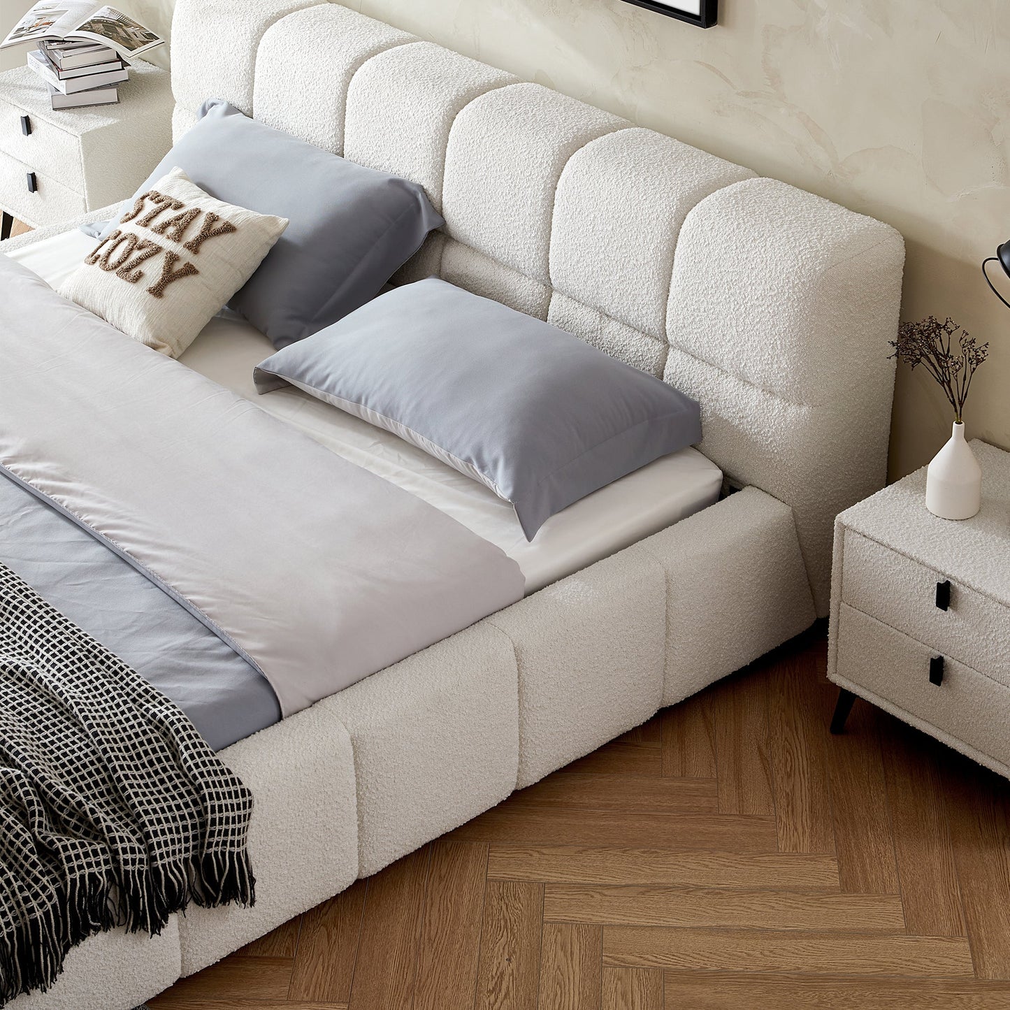 Cushy Boucle Fabric Bed-White