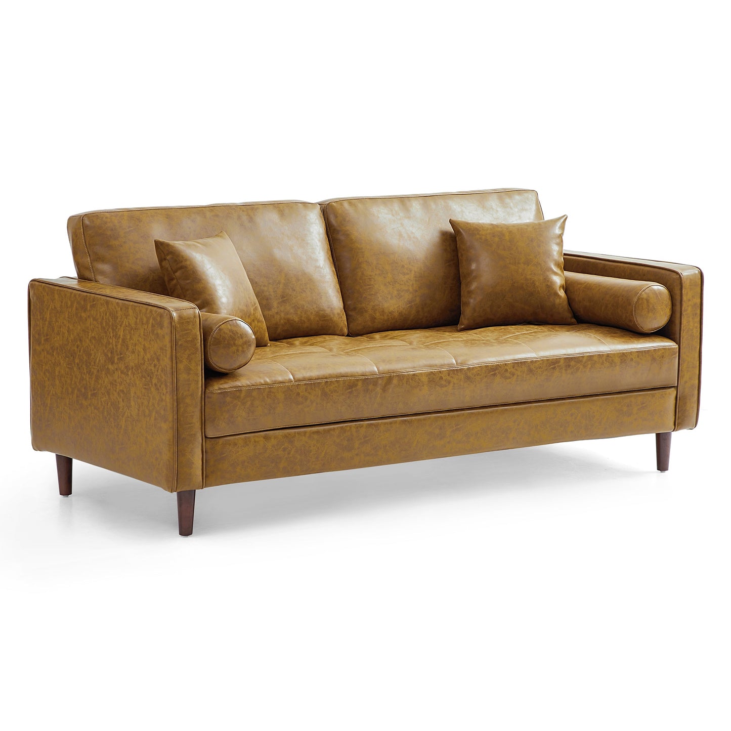 Mid-Century Modern Retro Tan Leather Loveseat-Tan-86.6″