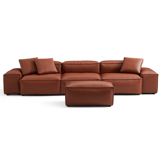 Cube Modular Brown Genuine Leather Sofa with Ottoman-Brown-142.9"-Low